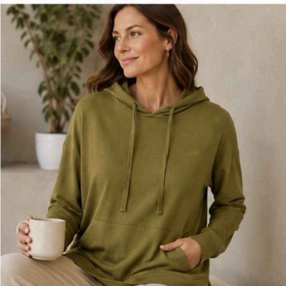J Jill Olive Green Tunic Hoodie Pullover Side Slits Relaxed Fit Size L